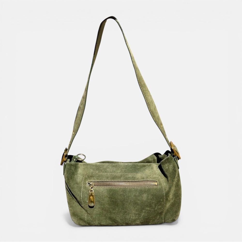 Apt. 9 Green Suede Shoulder Bag Gold Hardware Zip Pocket Y2K Hobo Baguette Purse